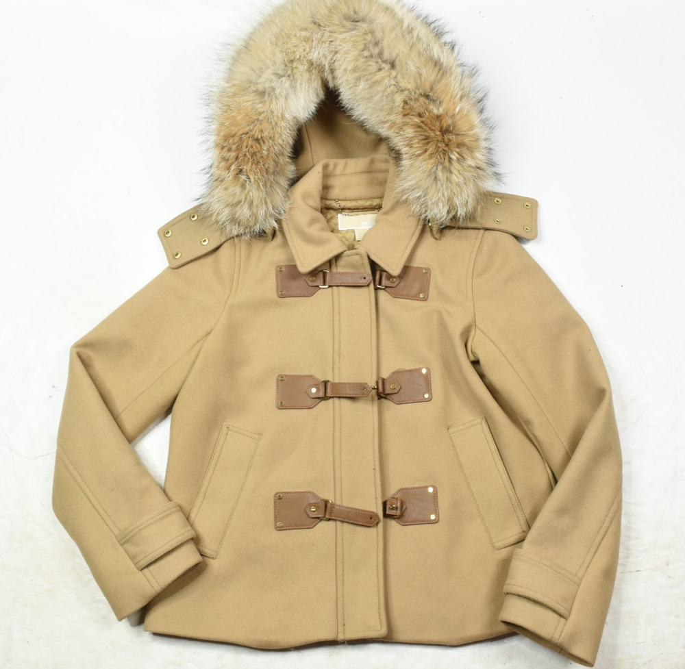 MIchael Kors Fur Trim Jacket Womens Small Camel Beige Zip-Up Clasp Wool Blend